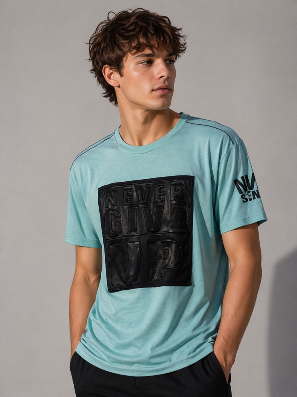 CR24 Men’s Teal Embroidered “Never Give Up” T-Shirt Size Large
